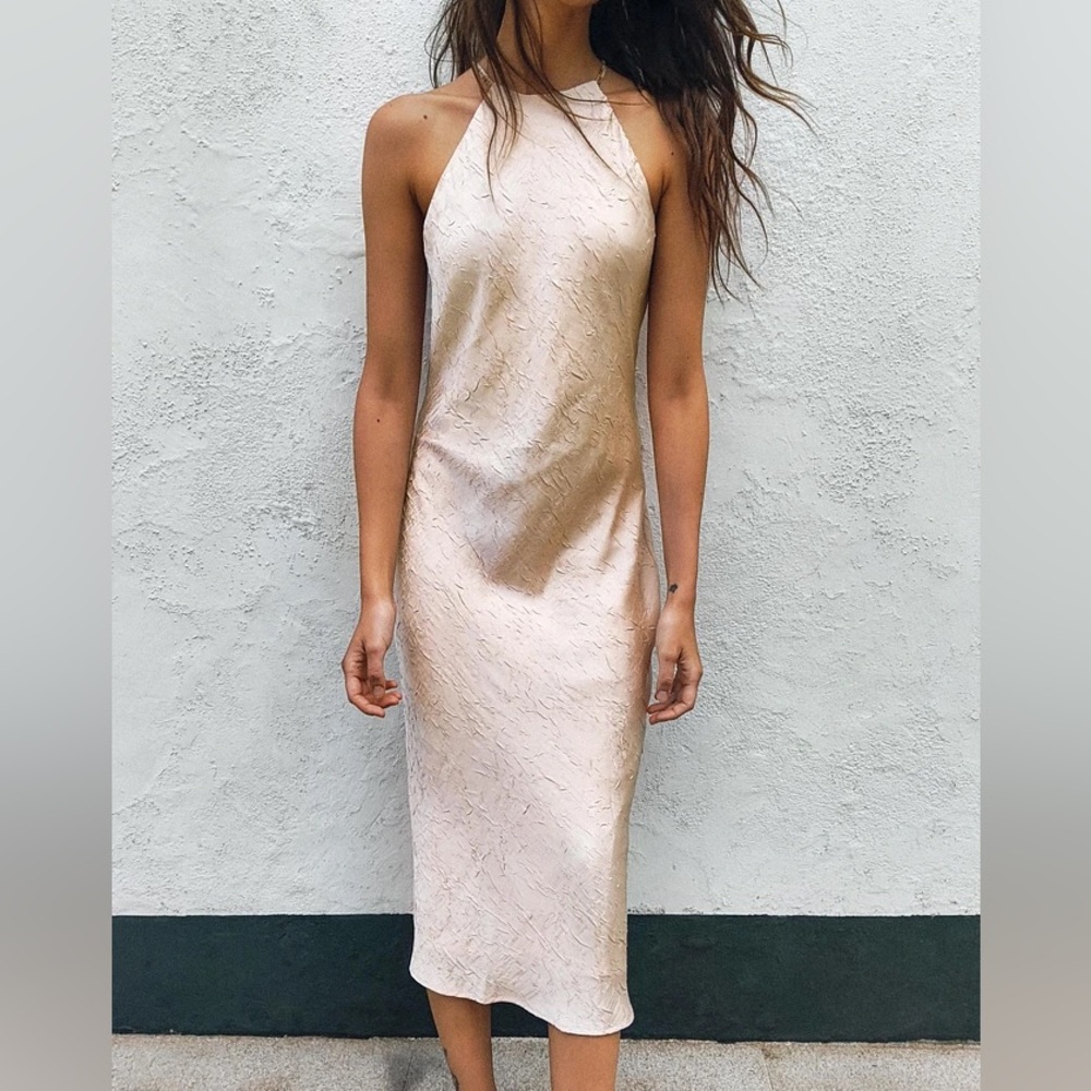 ZARA NWT Elegant Halter Midi Dress in Blush Pink LARGE